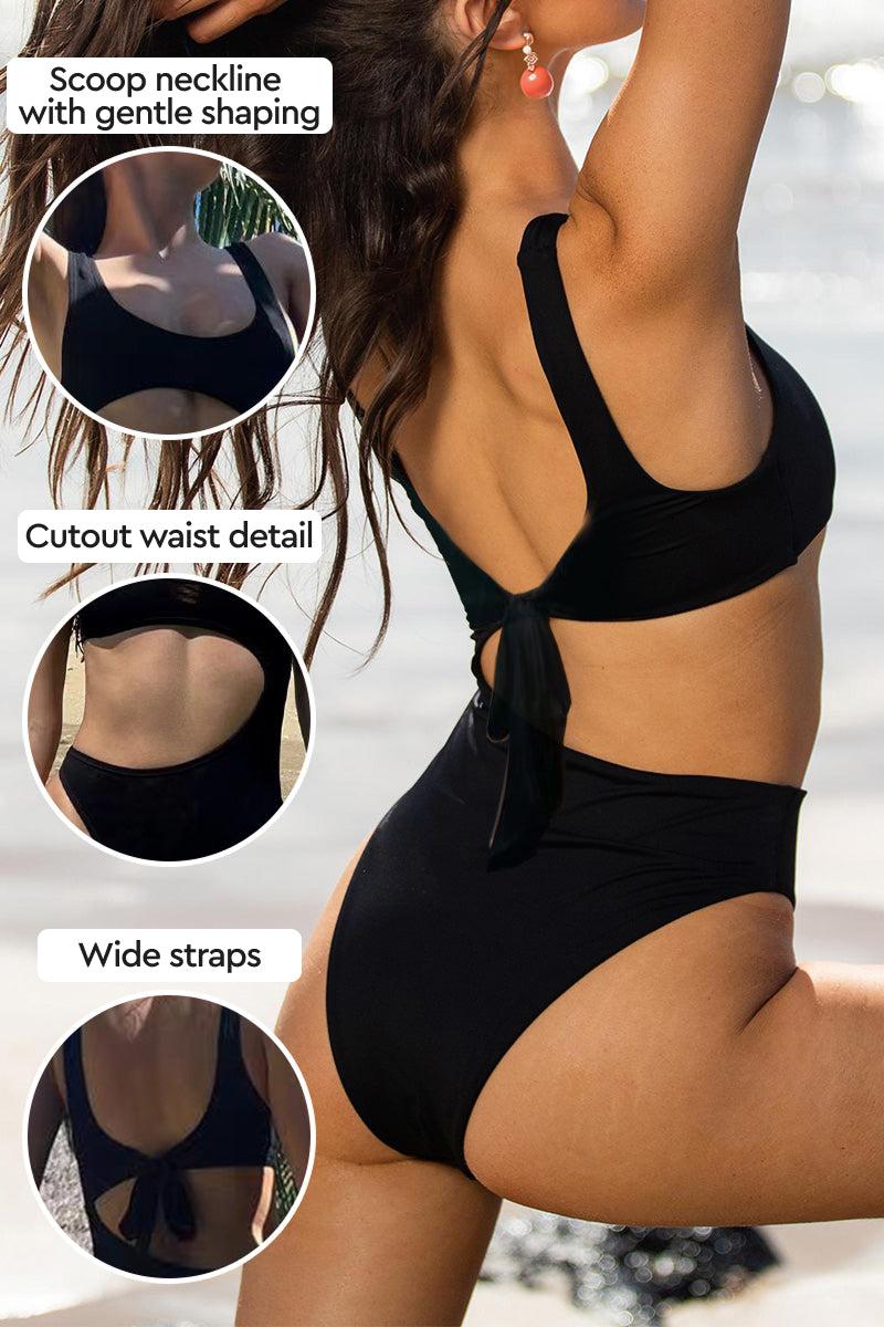 Seamless anti-tan line black one-piece swimsuit with cutout waist and wide straps