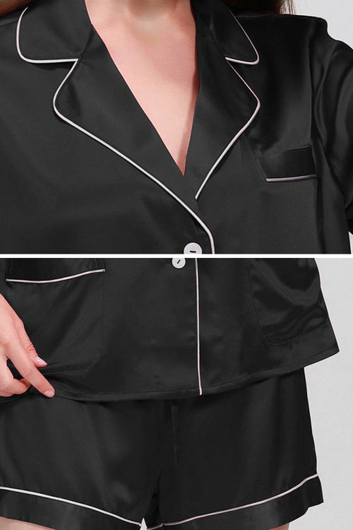 Black Mulberry Silk Essentials buttoned short pajama set with white piping detailing