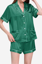 Green Mulberry Silk buttoned short set with white piping detail for women