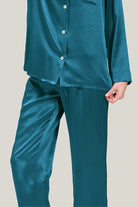 teal classic mulberry silk pajama set with button-down top and wide-leg pants