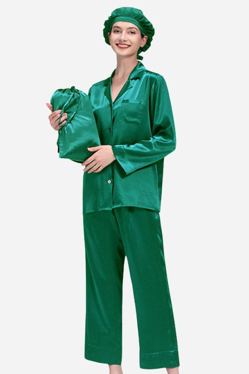 Green Mulberry Silk Pajama Set with matching sleep cap for luxury sleepwear