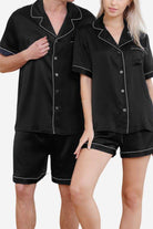 Black Mulberry Silk Couples Pajamas matching set with short sleeves and shorts