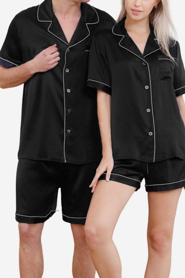 Black Mulberry Silk Couples Pajamas matching set with short sleeves and shorts