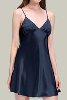 Mulberry silk nighty in navy blue with delicate thin straps and smooth, flowing fabric
