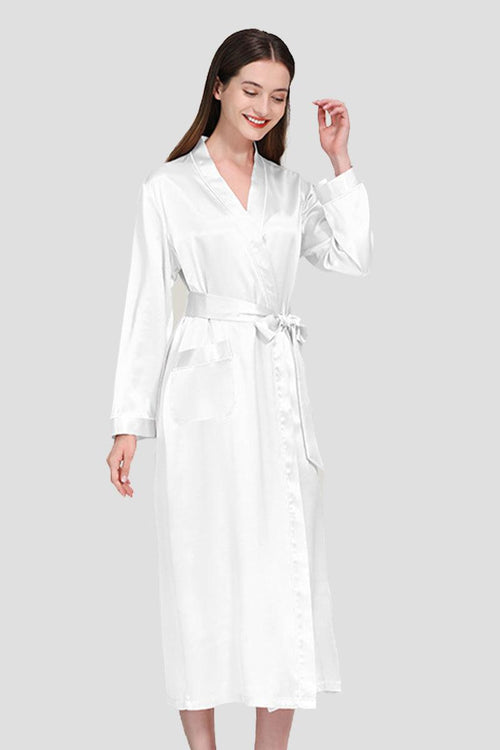 woman wearing 100% mulberry silk belted classy nightgown white long sleeve sleepwear