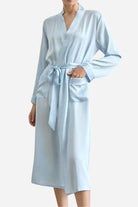 Light blue Mulberry Silk Nightgown with sash belt and long sleeves, soft and breathable design.