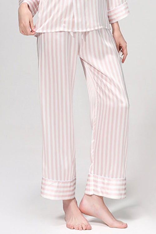 Women's 100% mulberry silk striped pajama pants with long sleeves in soft pink and white