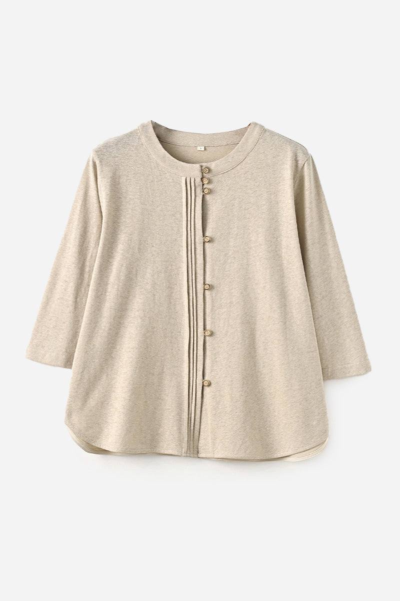 Linen cotton classy eco-friendly women's shirt in neutral tone with button front and 3/4 sleeves
