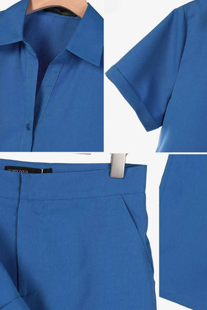 Blue linen-look set with breathable fabric, short-sleeve shirt, and matching pants, designed for comfort and style.