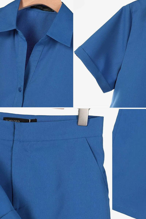 Blue linen-look set with breathable fabric, short-sleeve shirt, and matching pants, designed for comfort and style.