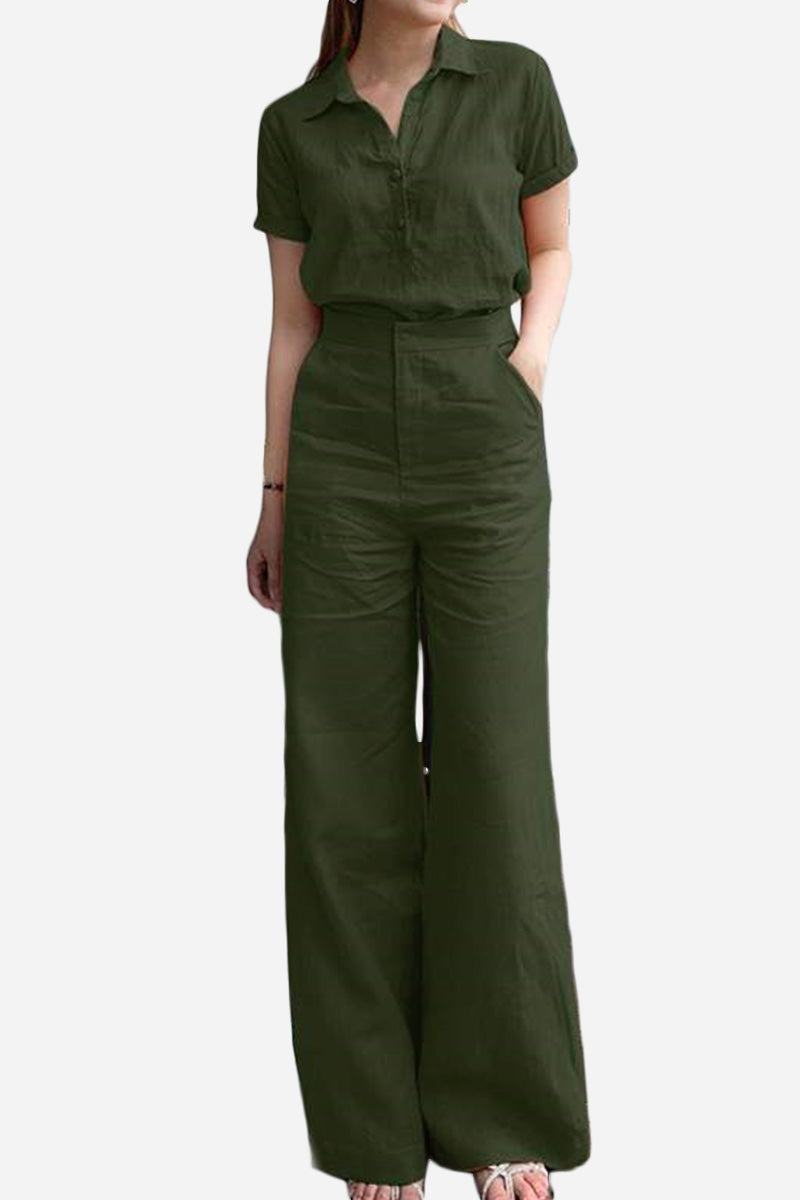 olive green linen-look set with short sleeve top and wide leg pants loungewear for women