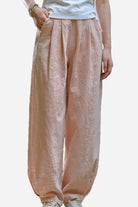 Lightweight breathable pink Ramie Linen Cotton Pants with relaxed fit and side pockets