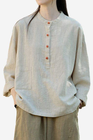 One size ramie linen and cotton blouse with long sleeves and front buttons, breathable natural fabric in beige tone