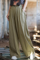 Sandwashed ramie linen wide-leg pants with relaxed fit and elastic waistband in olive green