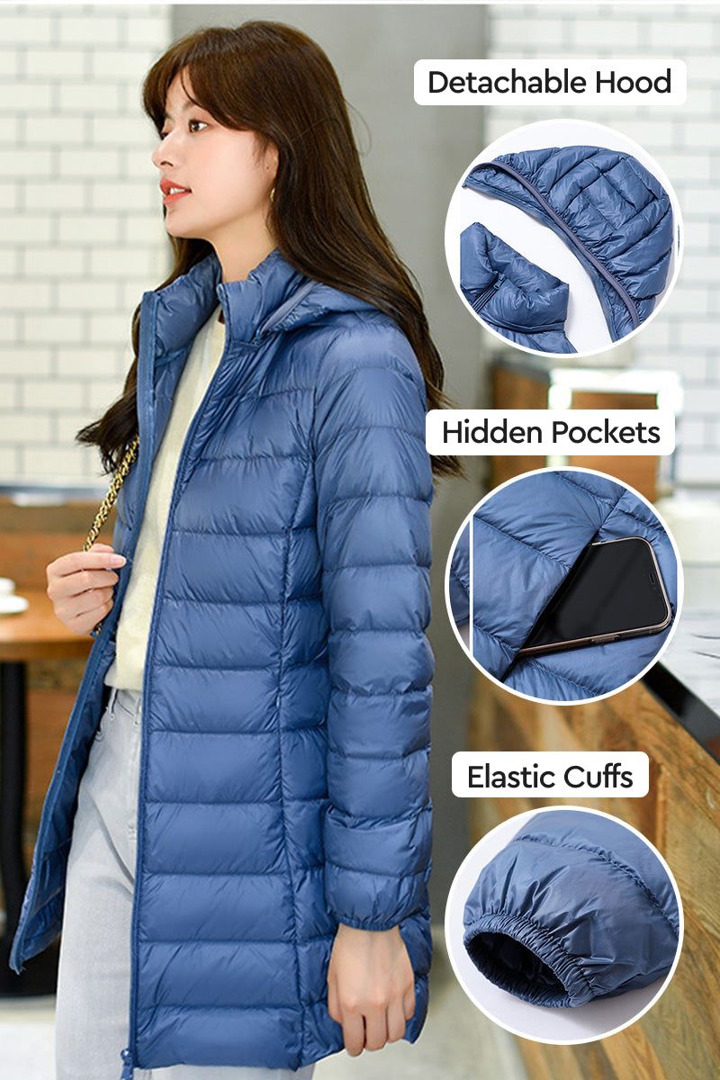 Women's lightweight water-resistant hooded puffer coat with detachable hood, hidden pockets, and elastic cuffs in blue.