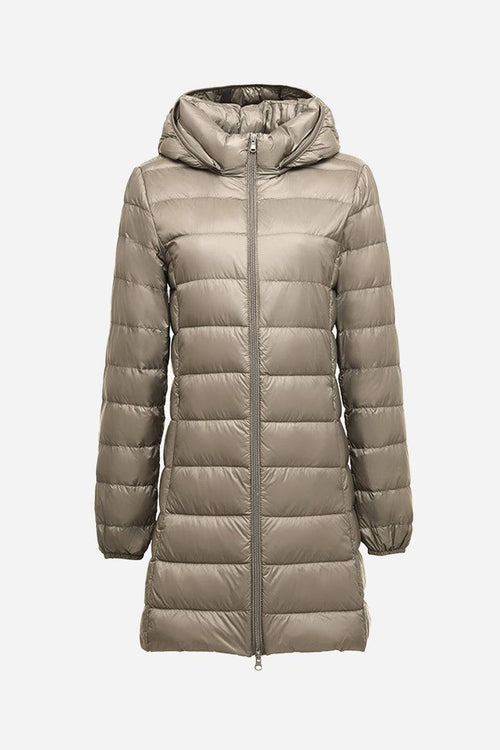 Women's lightweight water-resistant hooded puffer coat in taupe with full front zipper and quilted design