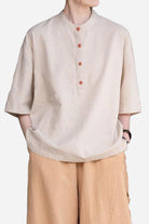 One size fits all ramie linen and cotton shirt with short sleeves and front buttons