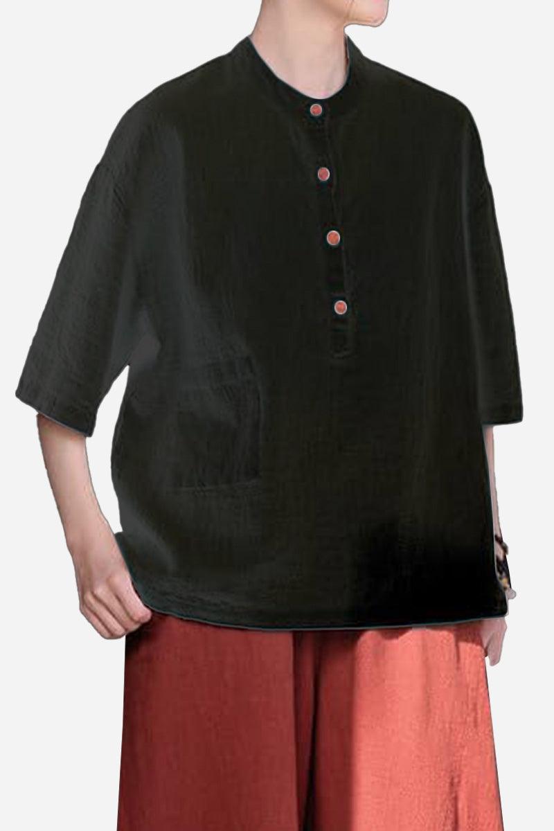 Black one size fits all ramie linen and cotton shirt with button details and relaxed fit