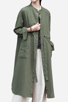 Oversized casual loose ramie linen cardigan in olive green with front pockets and button closure