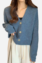 blue casual loose boxy cardigan with V-neck and buttons, oversized ribbed knit, cozy layering piece