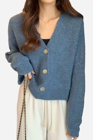 blue casual loose boxy cardigan with V-neck and buttons, oversized ribbed knit, cozy layering piece