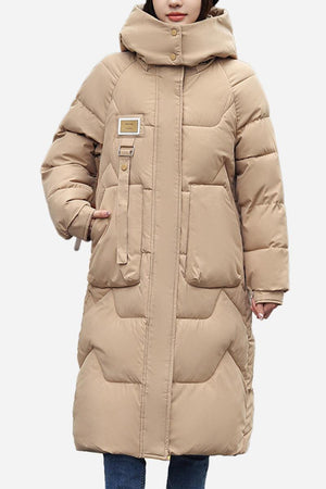 FrostLine Long Coat beige insulated winter coat with hood and large pockets for cold weather travel