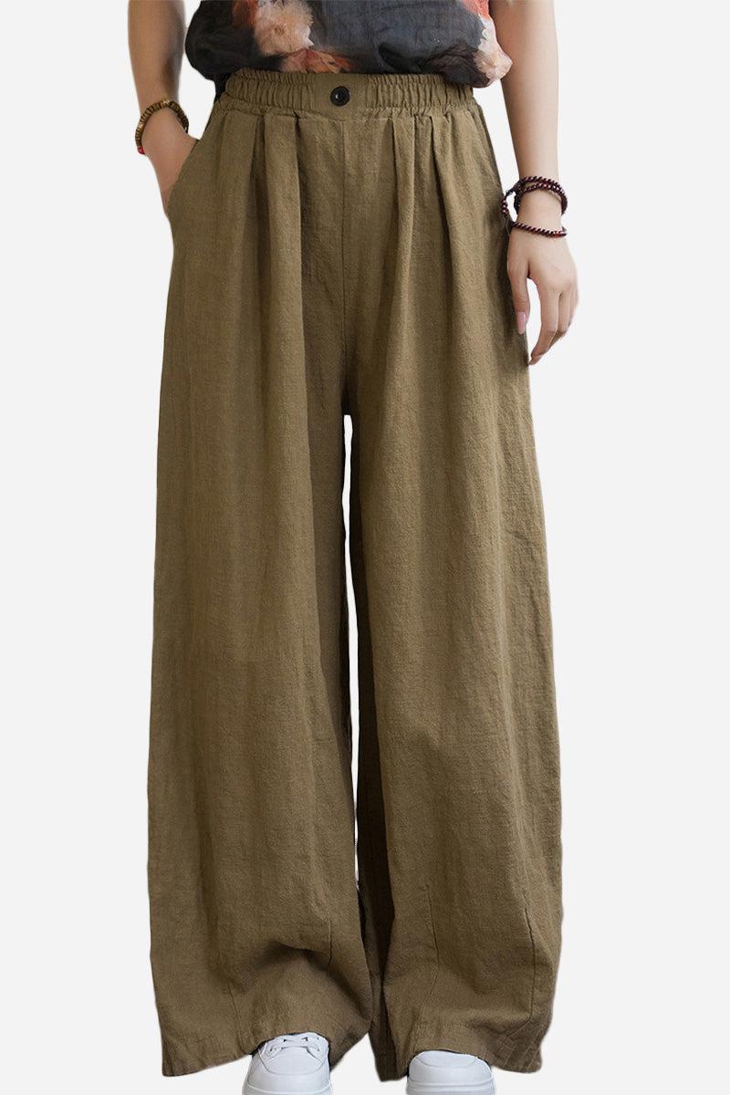 Brown sandwashed ramie linen pants with relaxed fit and plush lining for warmth