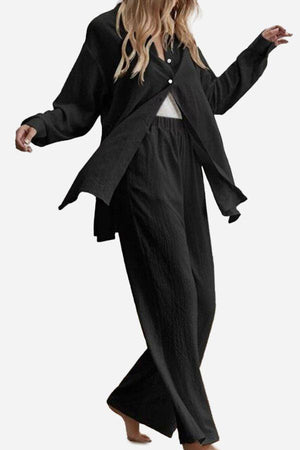 Black cotton-linen two-piece set with loose top and wide-leg pants for casual comfort