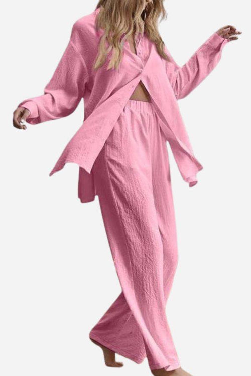 Pink cotton-linen two-piece set with loose fit and breathable fabric