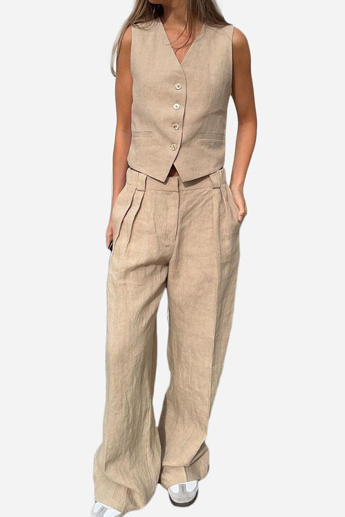 Eco Chic Linen Blend two-piece sleeveless vest and wide-leg pants set in natural beige linen blend