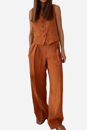 Eco Chic Linen Blend two-piece women's outfit in rust with sleeveless vest and wide-leg pants