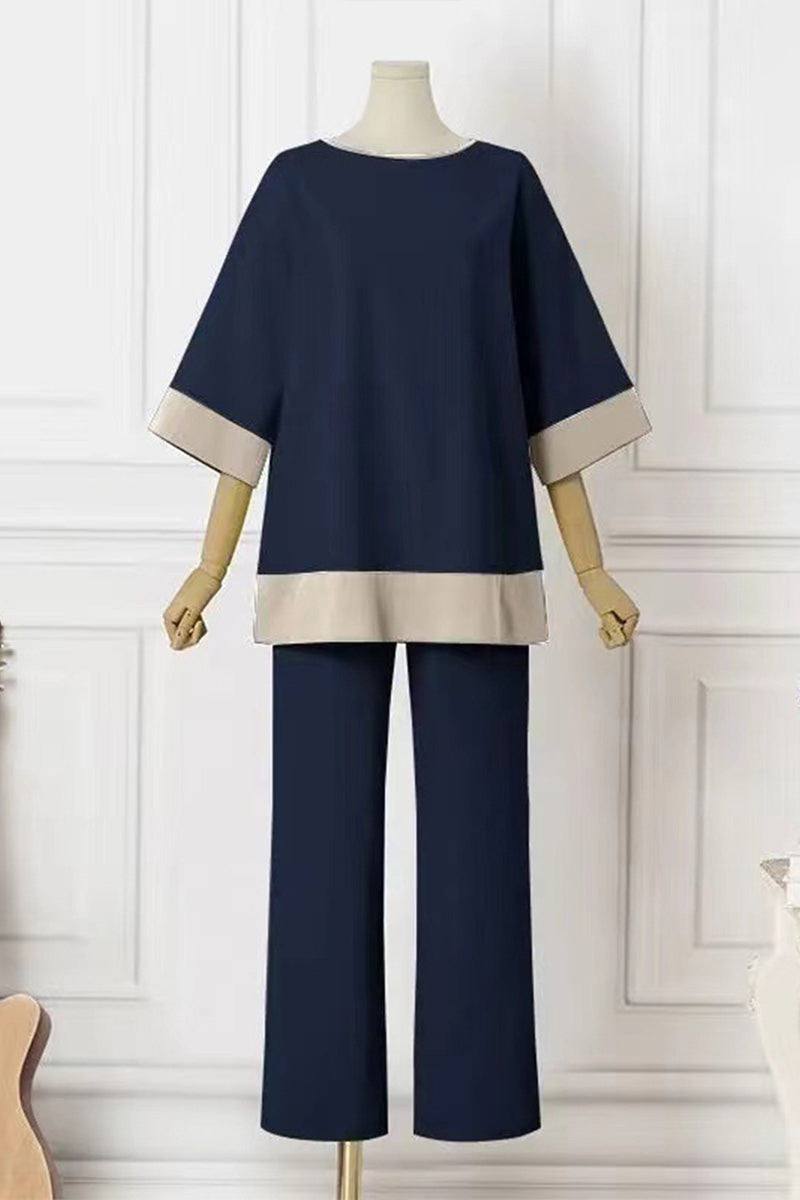 Dual-tone 3/4 sleeve two-piece set in navy and beige with relaxed fit and cotton blend fabric