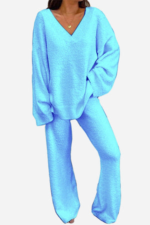 Travel-Ease Two-Piece Set soft blue cozy V-neck top and relaxed pants travel outfit