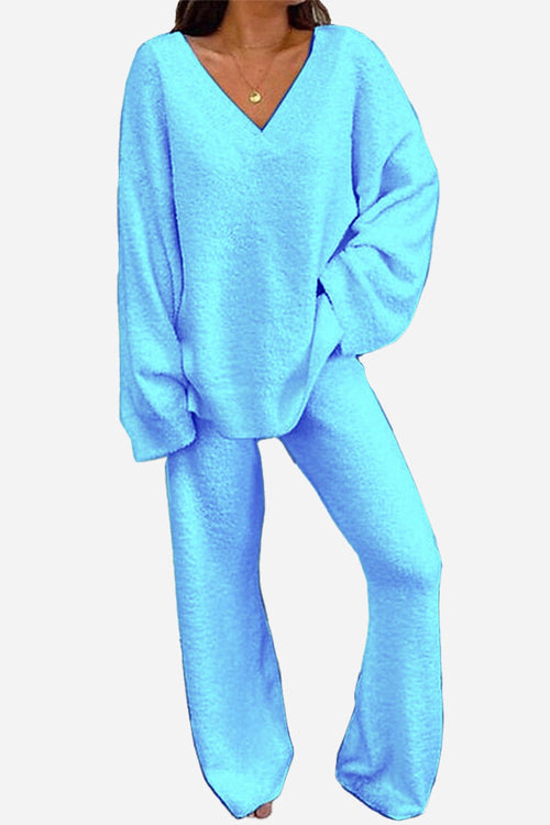 Travel-Ease Two-Piece Set soft blue cozy V-neck top and relaxed pants travel outfit