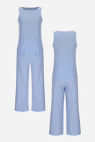 Light blue sleeveless top and wide-leg pants set, sleek silhouette coordinated outfit, lightweight polyester-spandex fabric.