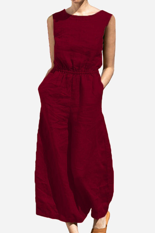 Woman wearing deep red pure cotton sleeveless wide-leg two-piece set with gathered waist and pockets