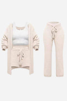 Cloud Soft 4-Piece collection with cozy cardigan, tank top, shorts, and pants in soft beige fabric