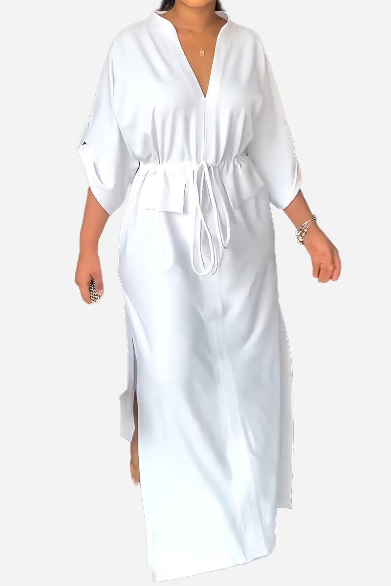 White All-Day Drape Dress with adjustable waist tie and front slit, breathable polyester fabric.