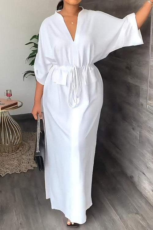 White All-Day Drape Dress with adjustable waist tie, front slit, and breathable polyester fabric for all-day comfort and style