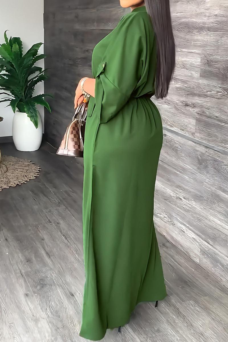 Green All-Day Drape Dress with adjustable waist tie and front slit for stylish comfort