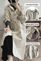 One size travel-ready hooded windbreaker in natural cotton with adjustable waist and roomy pockets
