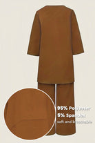 Brown loose drape two-piece set with oversized top and wide-leg pants made of soft, breathable polyester-spandex blend