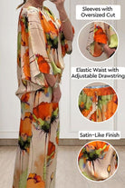 Plus size vibrant floral matching set with satin-like finish, oversized sleeves, and elastic waistband with drawstring.