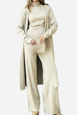 Beige one-size-fits-all luxurious three-piece collection with cardigan, ribbed turtleneck, and wide-leg pants