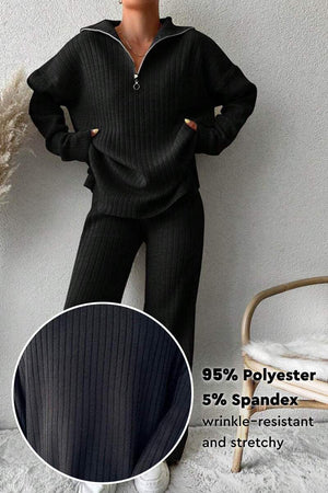 Plus-size black curve-loving knit work from home comfort set with zipper top and ribbed fabric, made of 95% polyester and 5% spandex, wrinkle-resistant and stretchy.