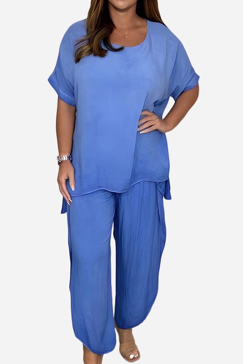 Relaxed linen-like travel 2-piece set in blue with loose fit top and wide-leg pants for comfortable stylish travel wear