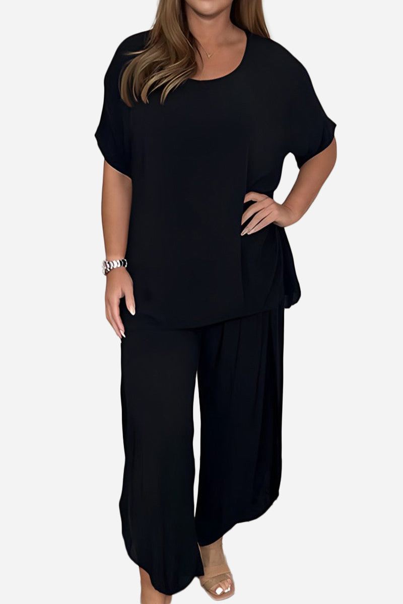 Black relaxed linen-like travel 2-piece set with loose fit top and wide-leg pants for women