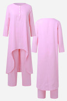 Breathable & featherlight pink two-piece lounge set with long sleeves and relaxed fit