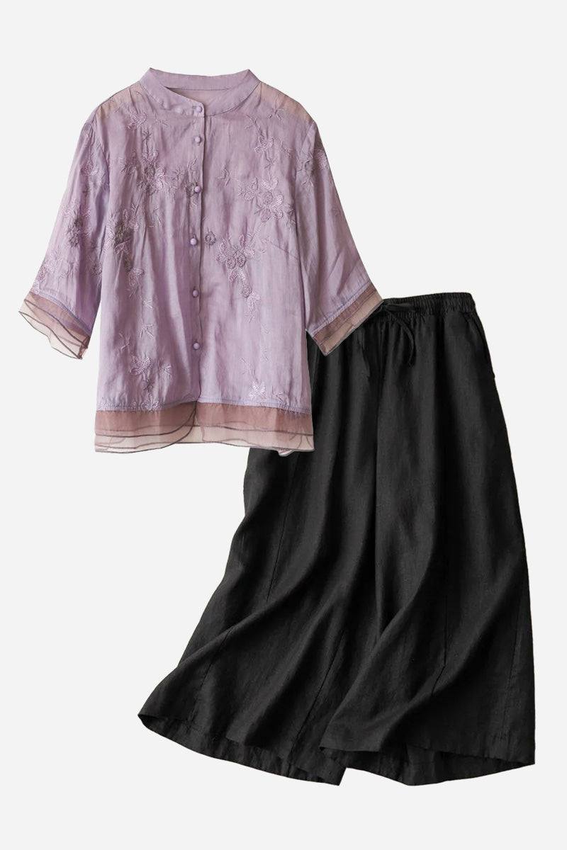 Cotton Linen Tuscany two-piece set with embroidered sheer lilac top and black wide-leg linen trousers