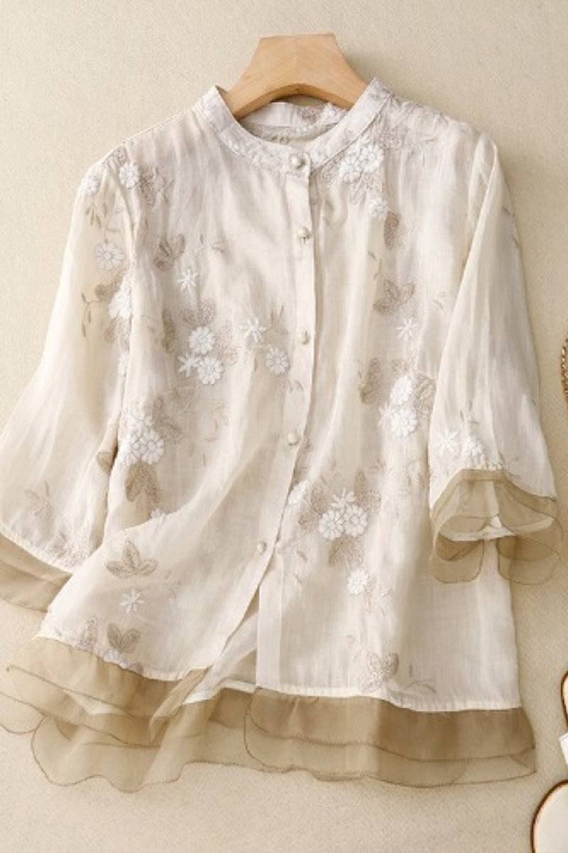 Sheer embroidered button-up top with layered cuffs in cotton linen Tuscany fabric